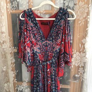 Free People Flutter Sleeve Red & Blue Printed Gown